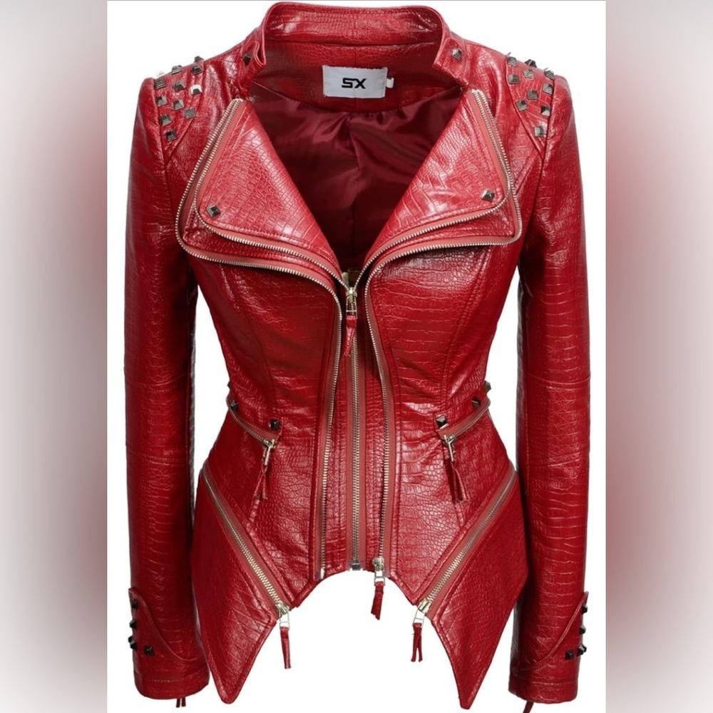 Studded Alligator Faux Leather Dark Red Jacket
